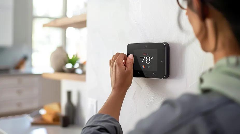 Woman adjusting the thermostat in her home