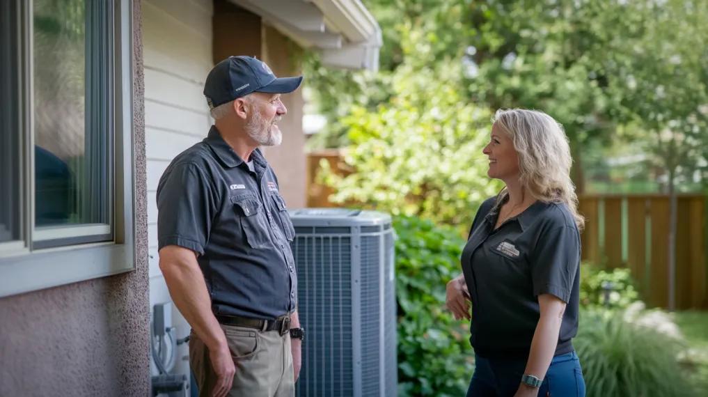 HVAC contractor talking with homeowner next to air conditioning unit