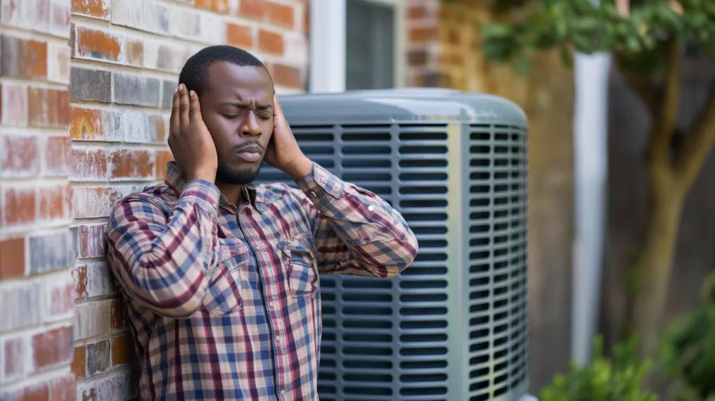 Man covering ears because of a loud air conditioner