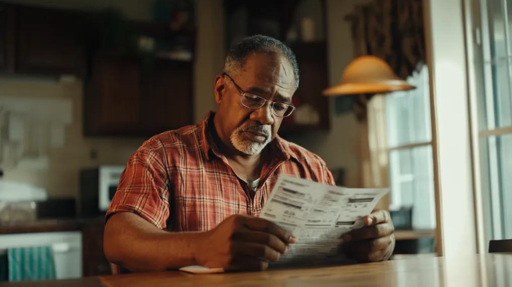 Man looking at paperwork in the kitchen