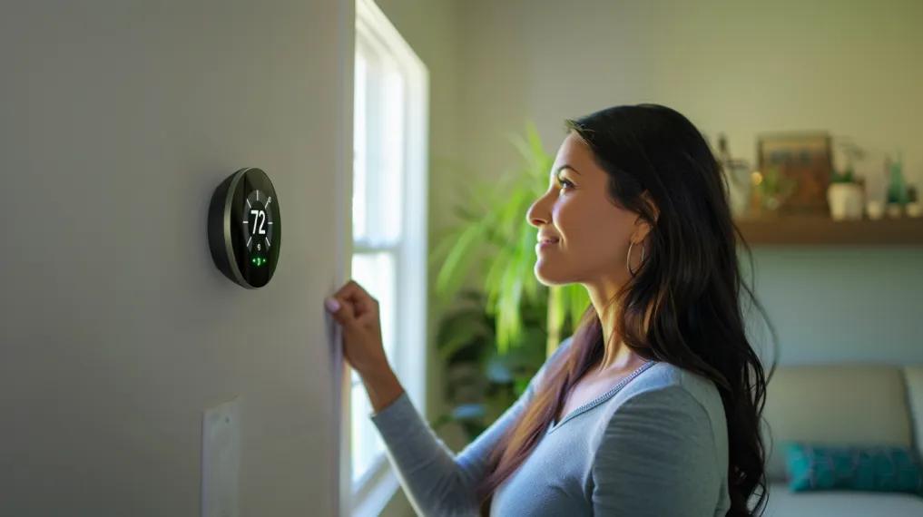 Woman adjusting smart thermostat