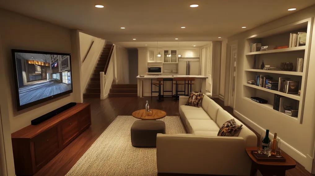 TV room in a basement