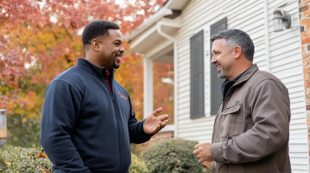 HVAC technician speaking with homeowner outside a home