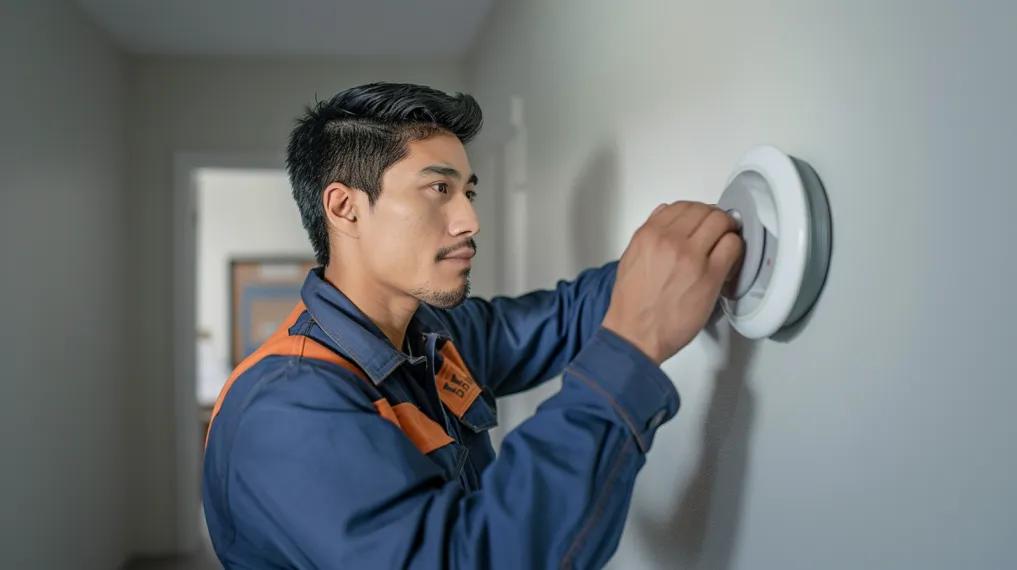 HVAC technician inspecting thermostat