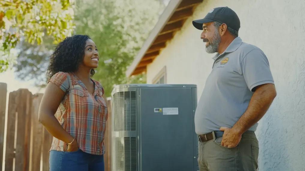 HVAC technician speaking with homeowner outside a home