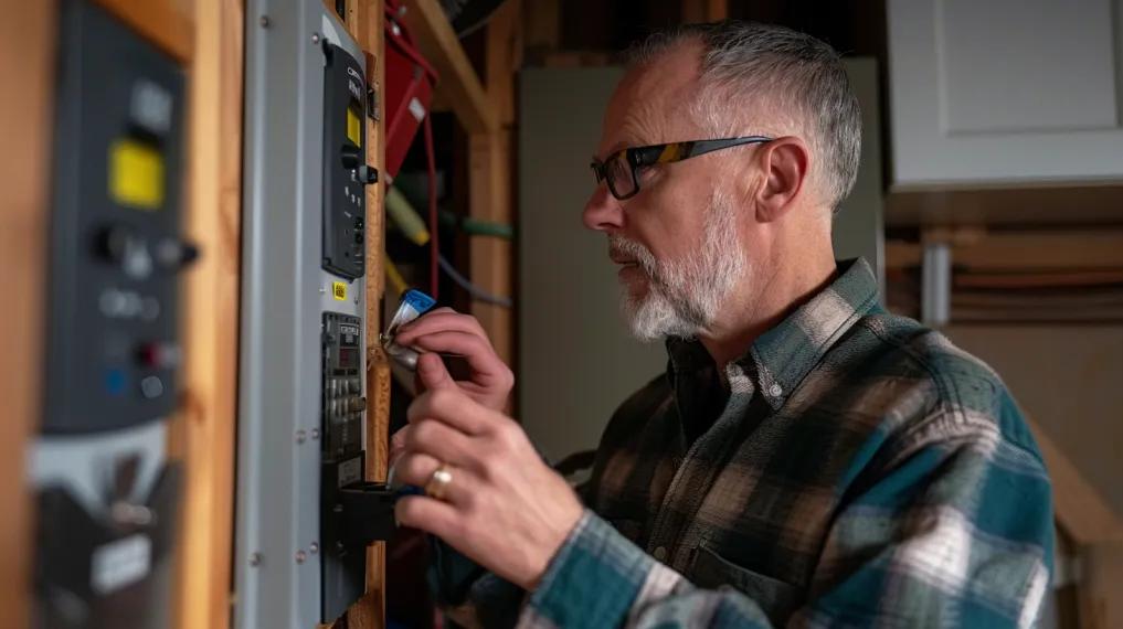 Man inspecting circuit breaker panel