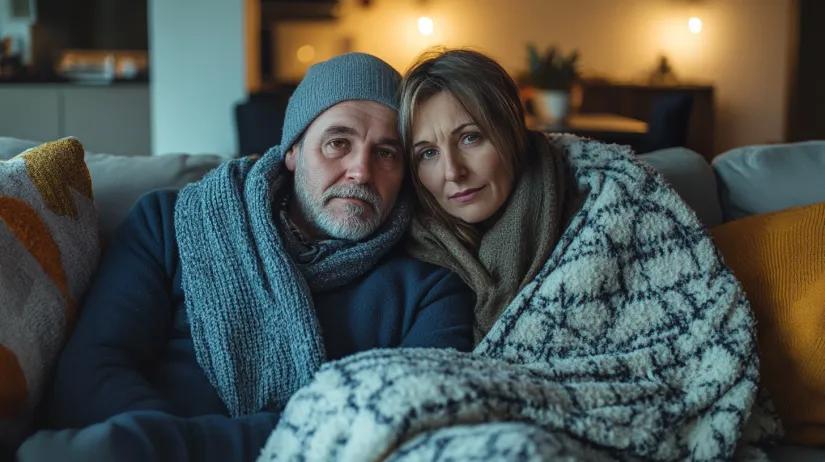 Couple wrapped up in blankets on couch