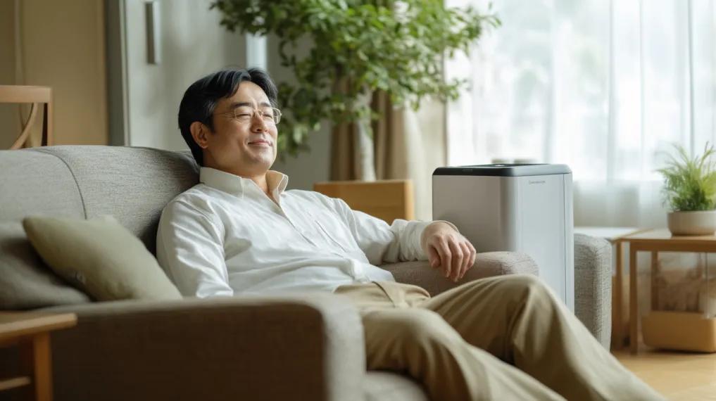 Man relaxing on the couch near dehumidifier