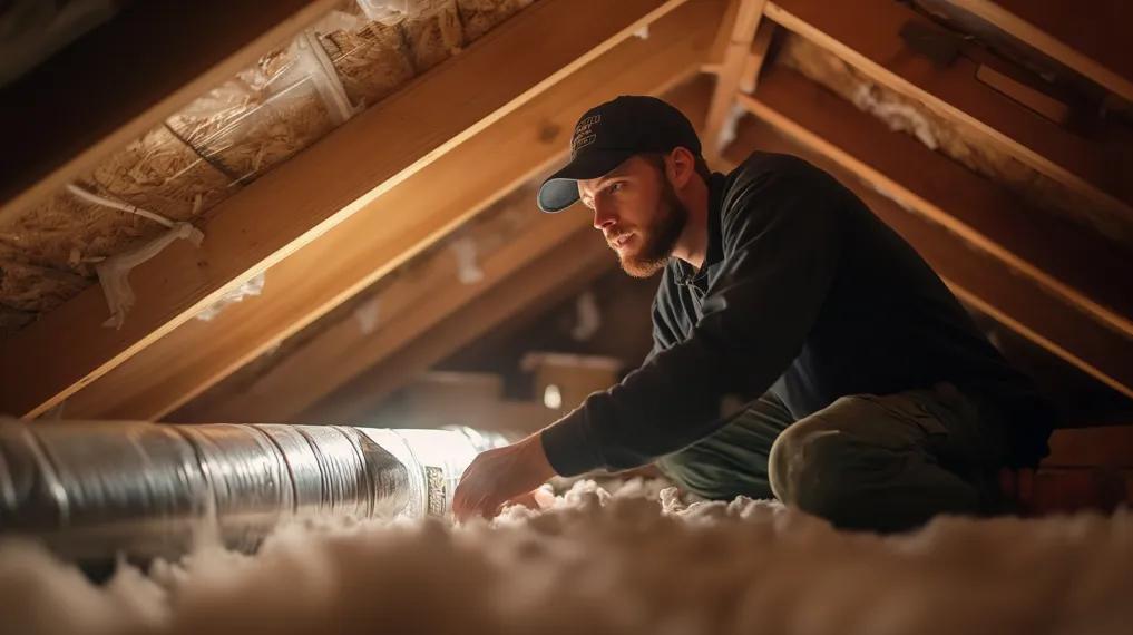 HVAC technician installing ductwork in an attic