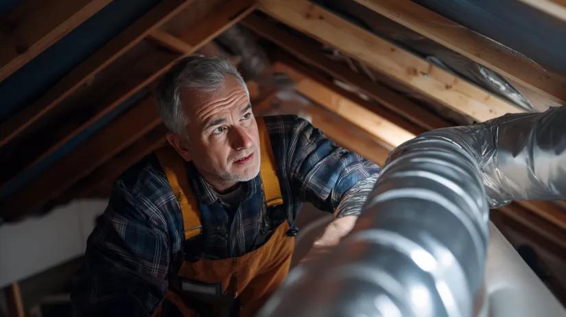 HVAC technician inspecting ductwork