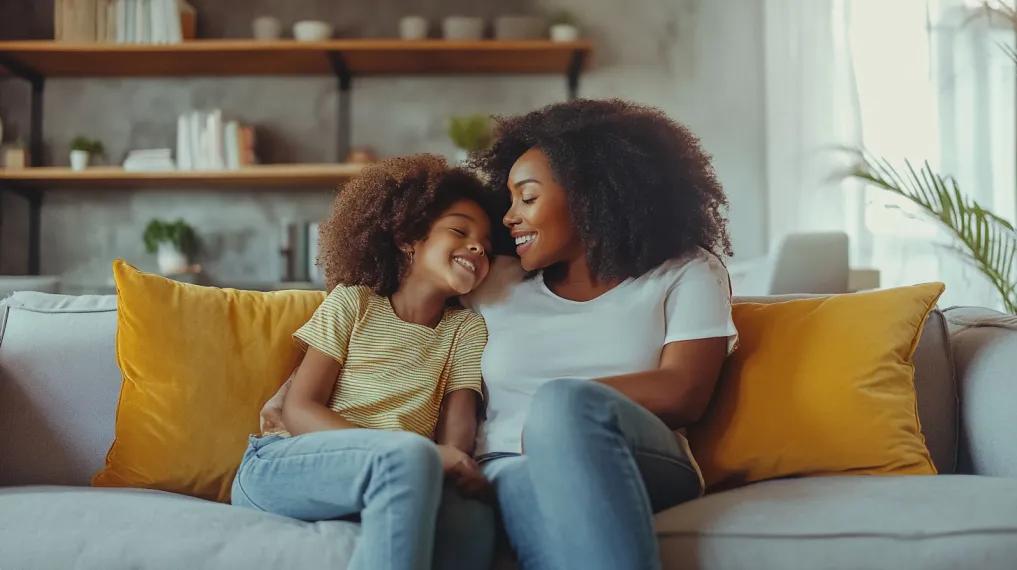 Mother and daughter relaxing on the couch together