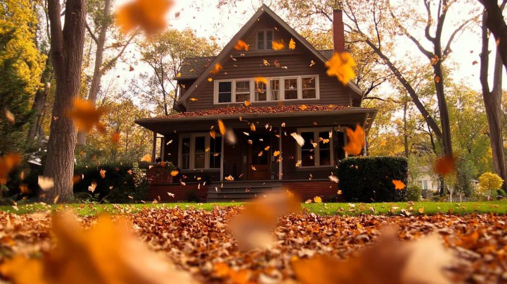 Leaves falling to the ground outside a home