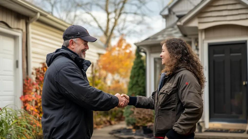 HVAC technician speaking with homeowner in the front yard