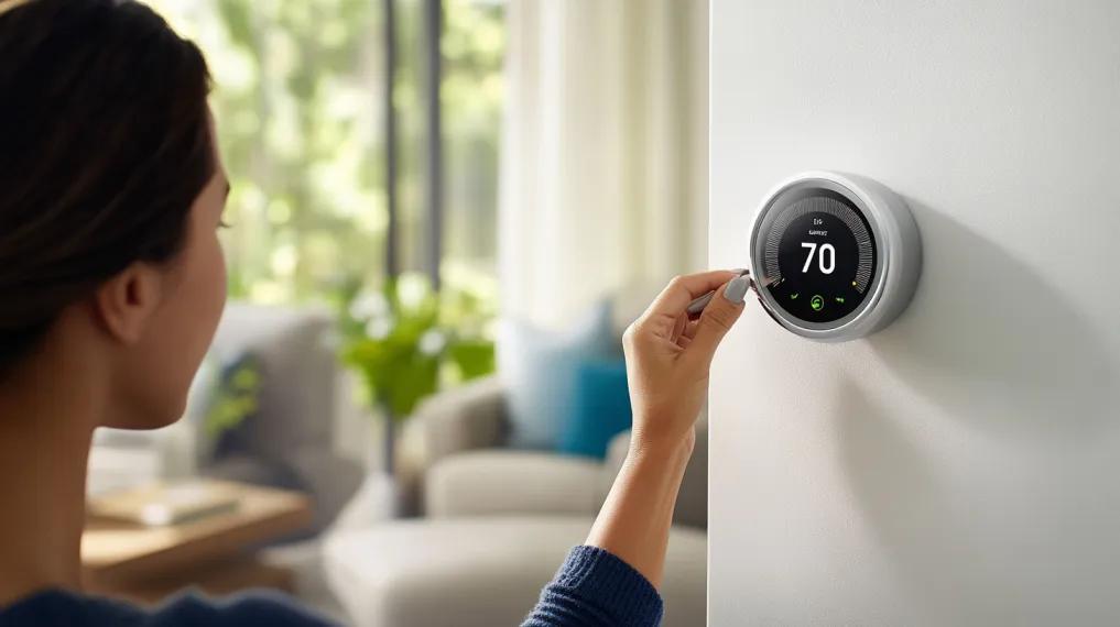 Woman adjusting smart thermostat