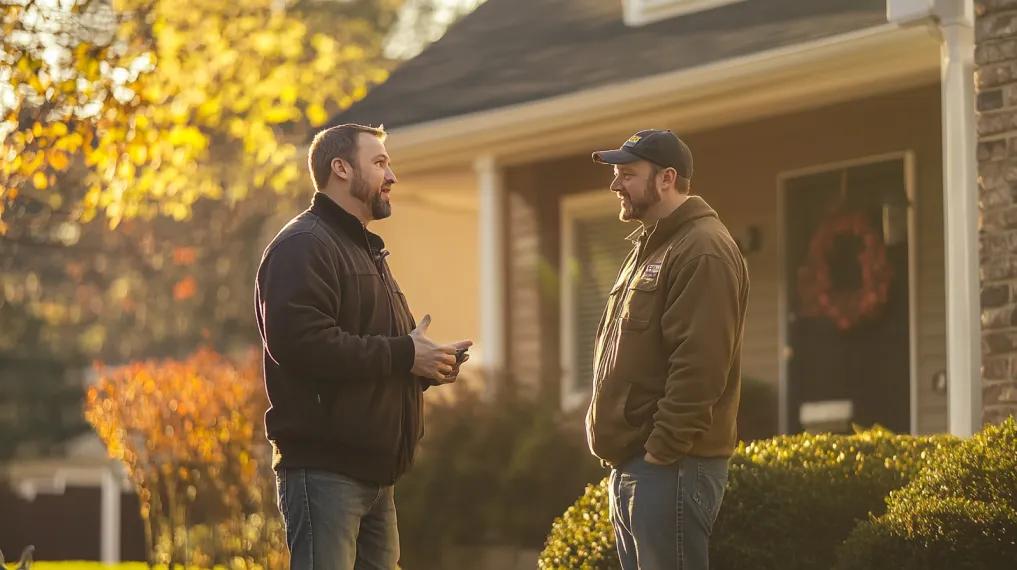 HVAC technician talking with homeowner in front yard