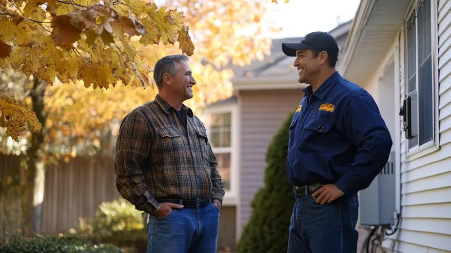 HVAC technician speaking with homeowner outside a home