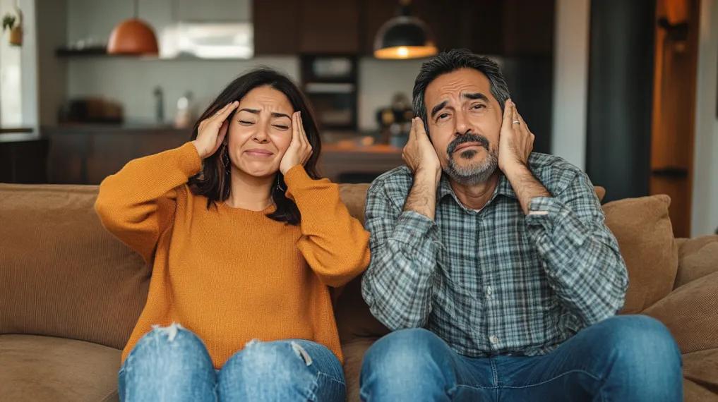 Couple putting hands over ears because of loud furnace noises