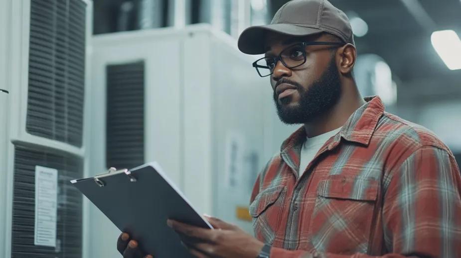 HVAC technician looking at clipboard