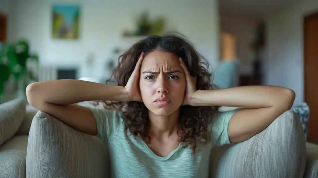 Woman covering ears because of furnace rattling noise