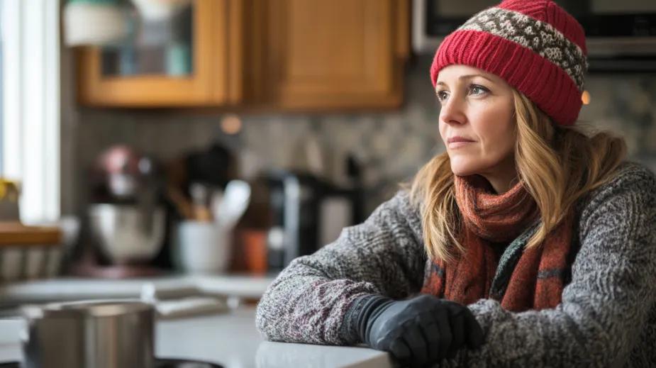 Woman sitting in kitchen with winter coat on