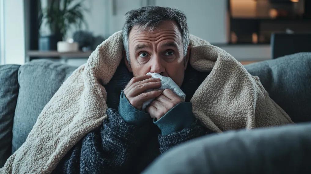 Man wrapped up in blanket on the couch