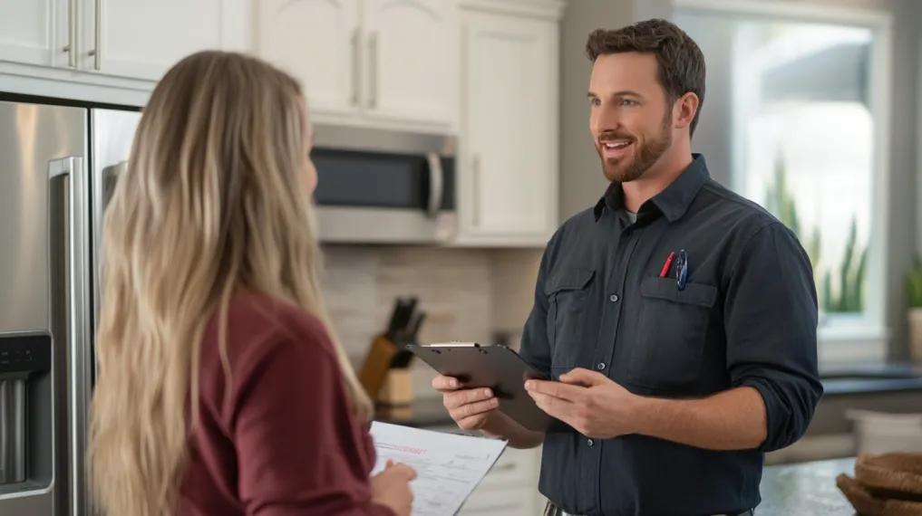 HVAC technician speaking with homeowner