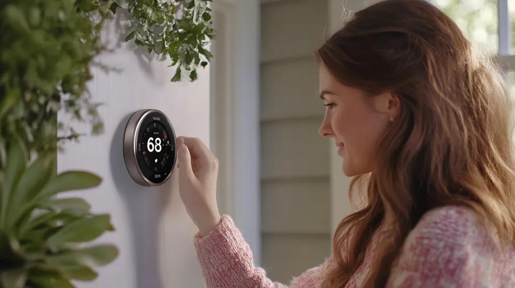 Woman adjusting smart thermostat