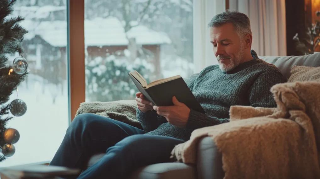 Man reading a book while relaxing on the couch