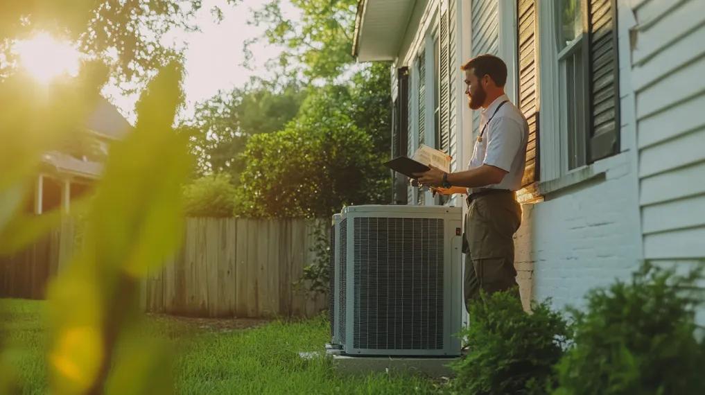 HVAC technician standing near heat pump