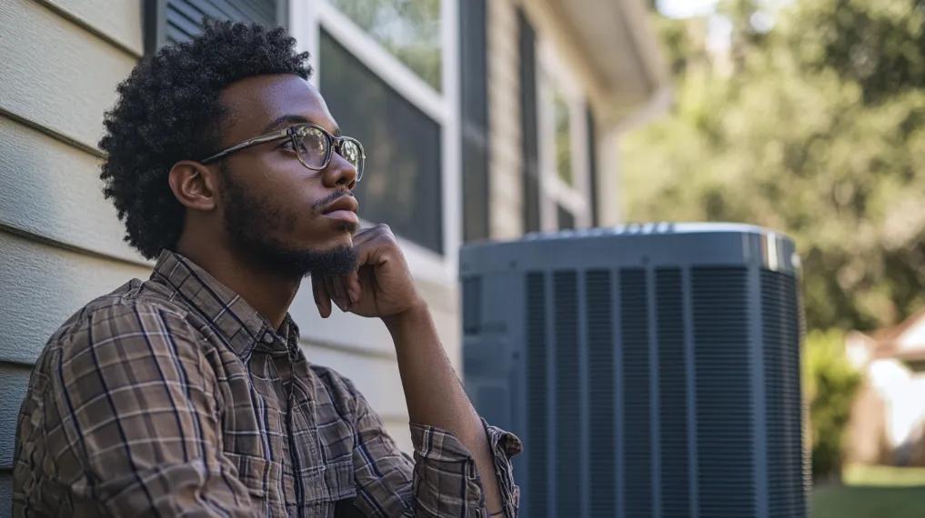 Man sitting next to heat pump system