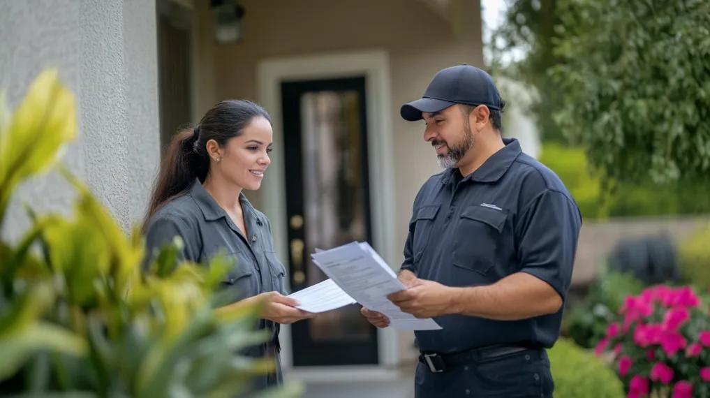 HVAC technician talking with homeowner