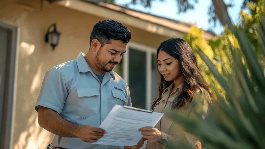 HVAC technician and homeowner looking over paperwork