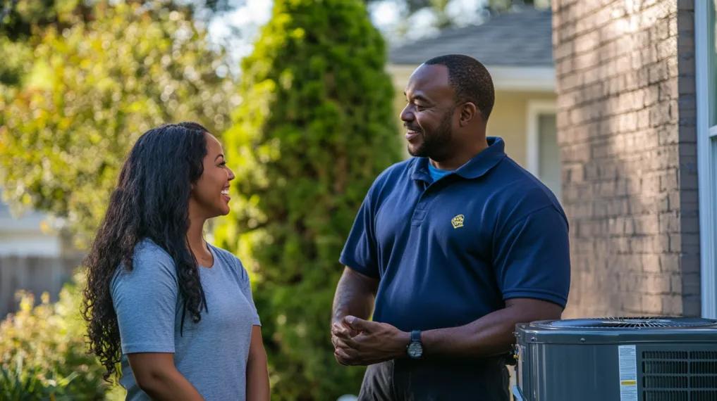 HVAC technician speaking with homeowner next to AC unit