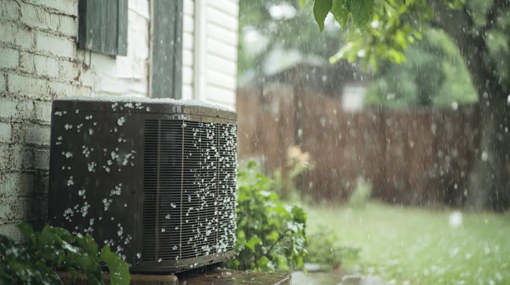 Hail falling on an air conditioning unit