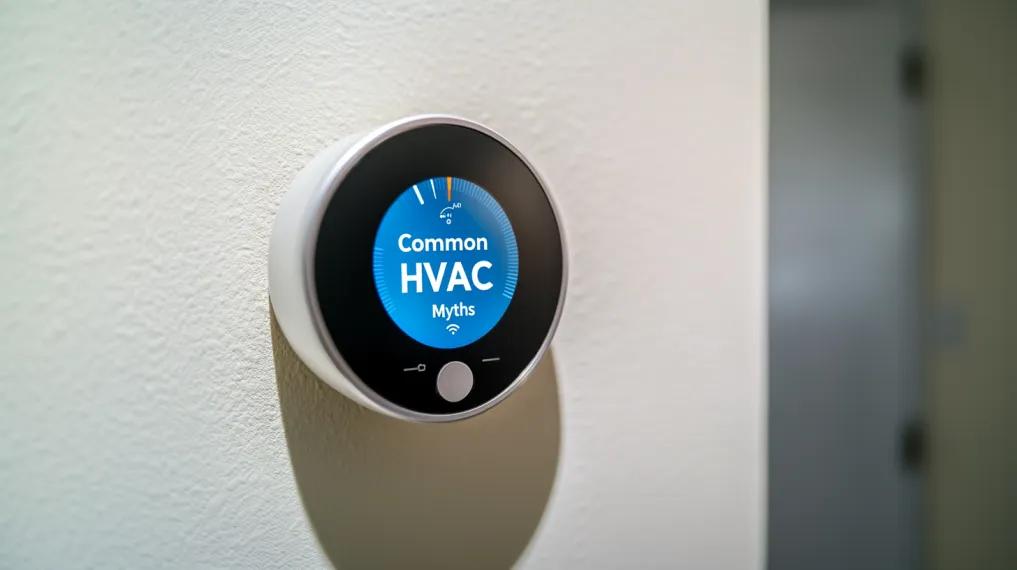 Smart thermostat with the words "common HVAC myths" on the display screen