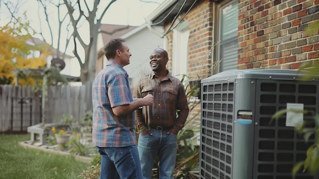 HVAC technician talking with homeowner outside