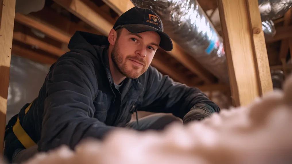 Technician installing insulation in an attic