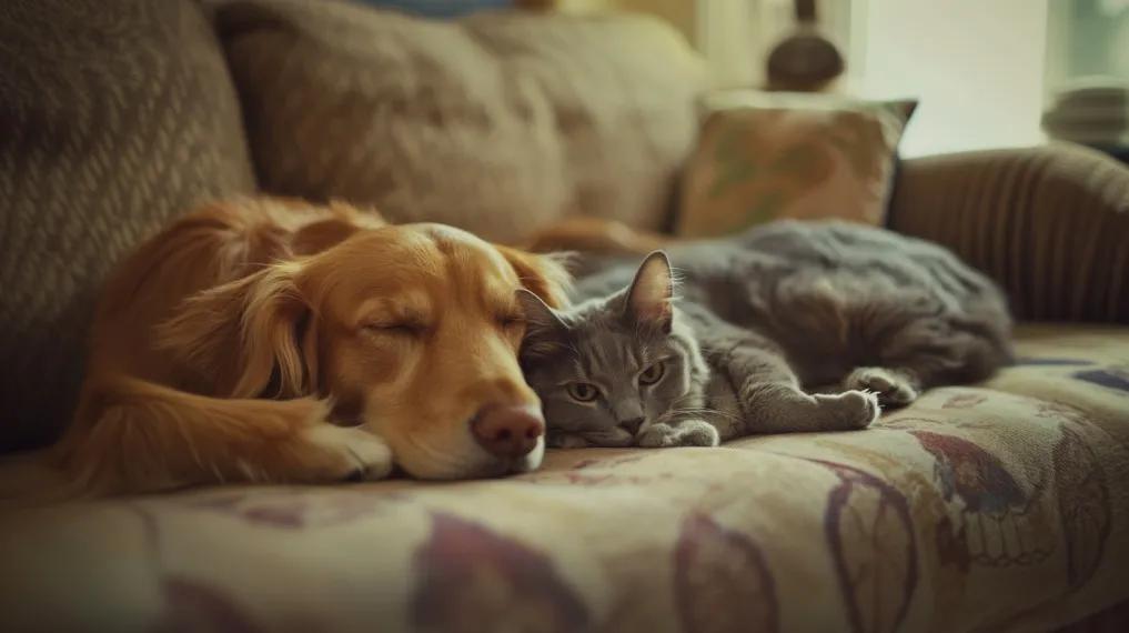 Dog and cat lying on couch together