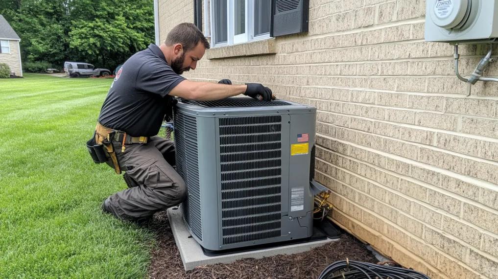 Technician installing new air conditioning system