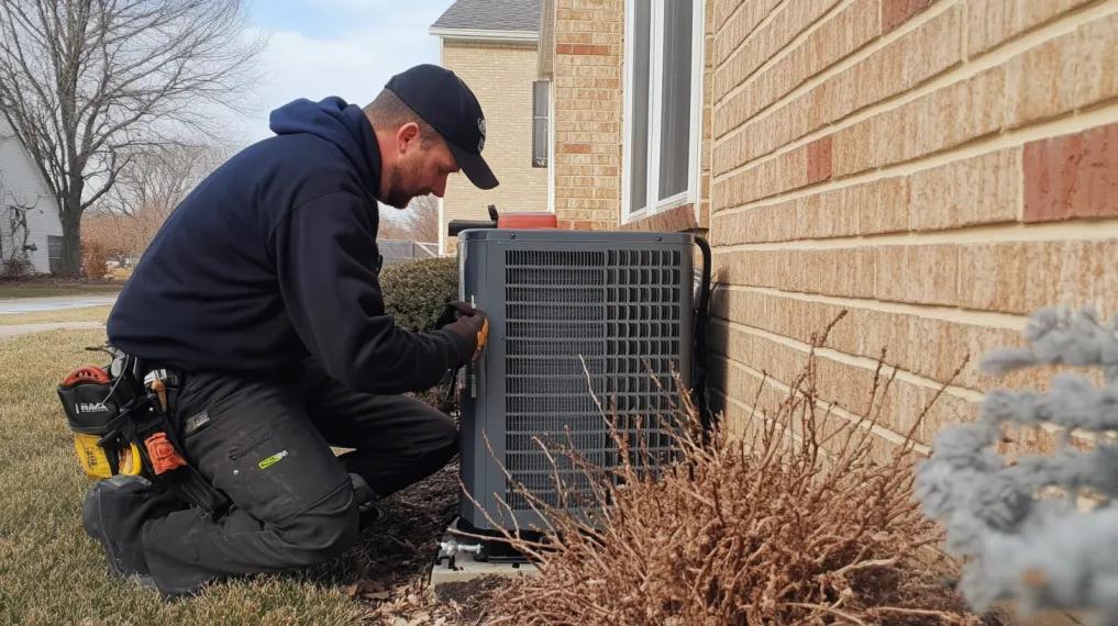 HVAC technician inspecting heat pump for refrigerant leak