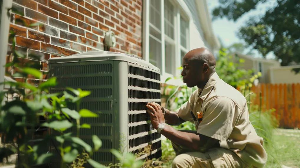HVAC contractor inspecting air conditioner