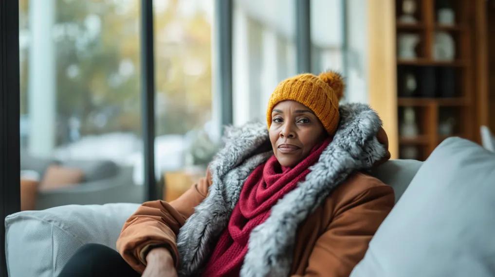 Woman wearing winter coat inside her home