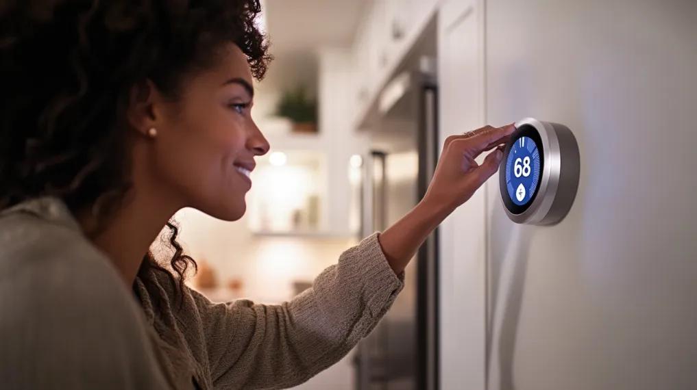 Woman adjusting smart thermostat