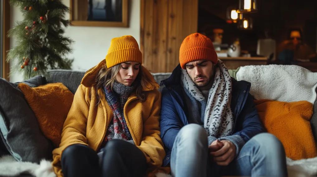 Couple sitting on the couch with winter coats on