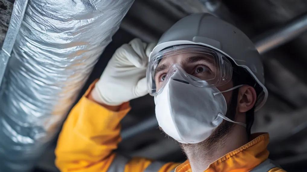 HVAC technician inspecting ducts for mold