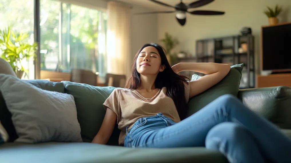 Woman relaxing on the couch with a ceiling fan on