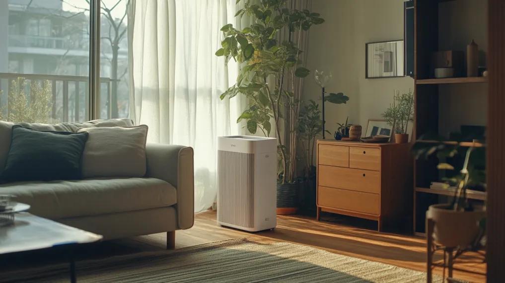 Portable air cleaner in a living room of a home