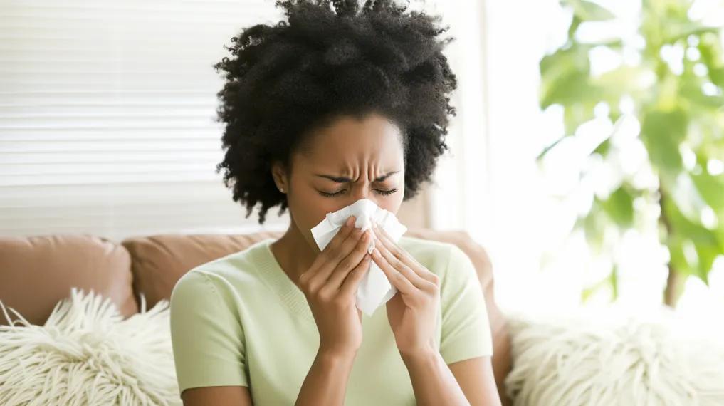 Woman blowing nose